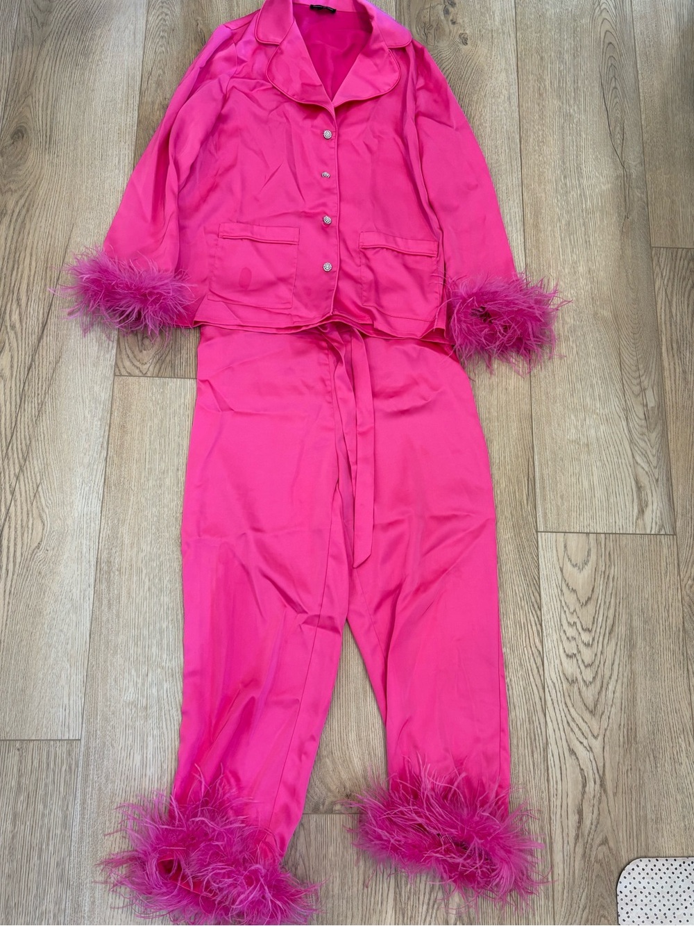 Nadine Merabi Silk Crystal Hot Pink Feather-Trim Pajama Set